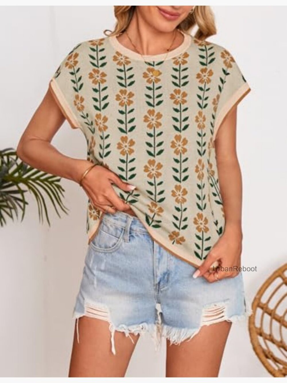 Women's Floral Short Sleeve Sweater Vest Crewneck Loose Knit Tank Top - Picture 5 of 7
